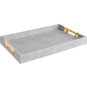 Modern Elegant 17.5"x12" Rectangle Glossy Grey Shagreen Faux Leather Decorative Tray Ottoman Coffee Table Perfume Kitchen Display Perfume Serving Tray with Gold Polished Metal Handles.