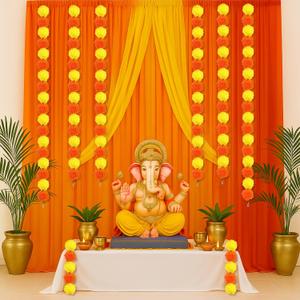 Indian Pooja Backdrop Decoration Items 7x5ft Diwali Backdrop 5 Artificial Marigold Garland Set Mehndi Home Decorations for Janmashtami, Varalakshmi, Haldi, Puja, Ganesha Party Decor