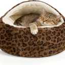 Calming Dog Beds & Cat Cave Bed with Hooded Cover,Removable Washable Round Beds for Small Medium Pets,Anti-Slip Faux Fur Fluffy Coved Bed for Improved Sleep,Fits up to 15/25 lbs(Leopard Print,S) (20.00" x 20.00" x 8.00")