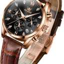 OLEVS Women's Watches Brown Leather Strap Analog Quartz Rose Gold Female Watches Multifunction Chronograph Diamond Waterproof Luminous Ladies