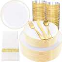 NOCCUR 350PCS Gold Disposable Dinnerware Set for 50 Guests - White and Gold Plastic Plates Include 50 Dinner/Dessert Plates, 150 Silverware and 50 Napkins/Cups Ideal for Party/Christmas