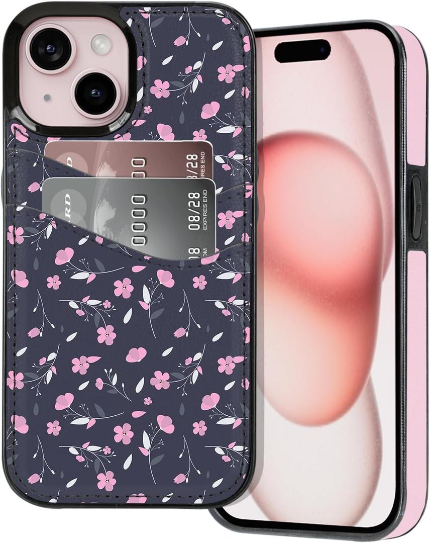 BayPastel X for iPhone 13/14/15 Wallet Case Card Holder Slot Slim Cute Design Soft Leather Protective Phone Case with 2 Credit Card Pockets Cover for 6.1 inch for Women Girls,Dense Pink Flowers