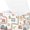 Cartoon Playful Train Fabric Storage Bin with Lid, Collapsible Basket with Handles, Shelf Cube Closet Organizer for Home and Bedroom