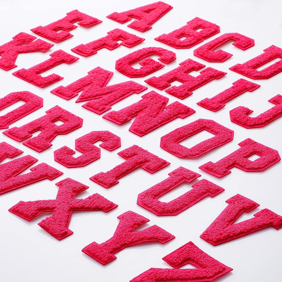 Waydress 26 Pcs Preppy Chenille Letter Iron on Letters Patches 2.8 Inch Self Adhesive, Sew on Chenille A-z Alphabet Letter Patches for Clothing DIY Supplies(Hot Pink Style)