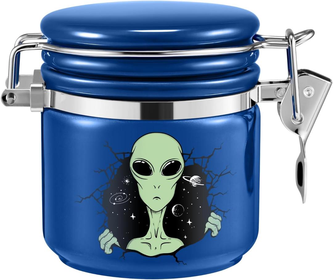 Alien Smell Proof Jar Half Oz (250ml), Separate Space for Humidity Pack To Keep Herbs Fresh For Months - Ceramic Smell Proof Containers, ET Stash Jar with Clamp Lid - Double Sealed Airtight Jar - Blue