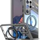 for Samsung Galaxy S25 Ultra Magnetic Clear Case with Stand [Compatible with MagSafe] Upgraded 360 Rotatable Ring Holder Kickstand, Military Drop Protection Slim Phone Cover, Grey