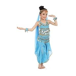 Cielary Kids Girls Belly Dance Halter Top Harem Pants Costume Set Halloween Outfit with Head Veil Waist Chain and Bracelets(Lake Blue, M)