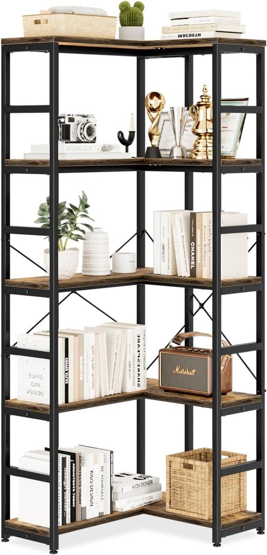 NUMENN 5 Tier Corner Bookshelf, Wood and Metal Bookcase Storage Shelf, 26.97'' x 22.64'' x 65.7'' Tall Corner Cabinet for Living Room, Bedroom, Home Office and Kitchen, Vintage Brown