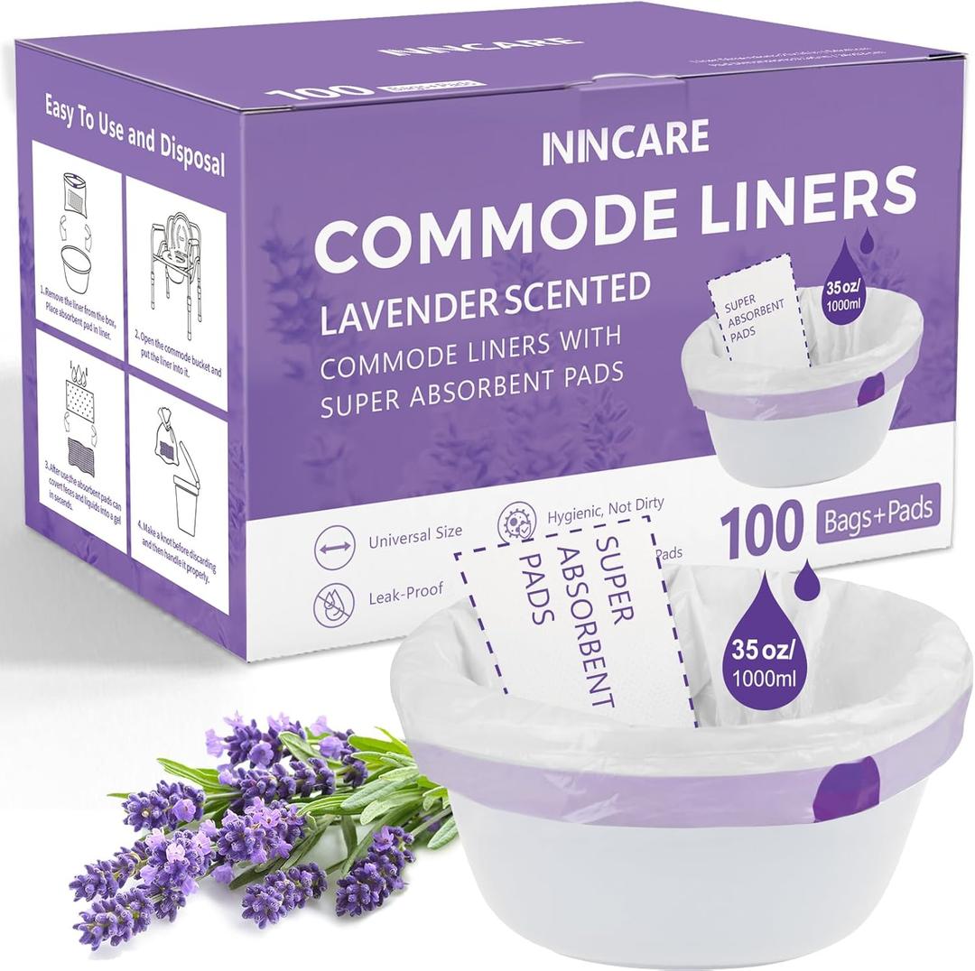 Commode Liners with Absorbent Pads for Bedside Commode, 100 Lavender Scented Commode Liners and Pads, Potty Bags for Portable Toilet, Potty Chair Liners, Commode Toilet  Camping Toilet Bags