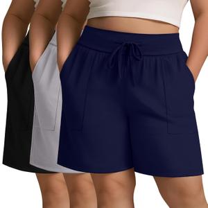 3 Pack Women's Plus Size Shorts, Drawstring Sweat Shorts Loose Lounge Running Athletic Shorts with Pockets (2X-Large, Black, Navy Blue, Light Gray)