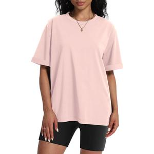Womens Oversized T Shirts Crewneck Rolled Short Sleeve Tops Summer Casual Basic Workout Tee Shirts (Pink, S)
