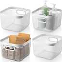4 Pack Metal Mesh Basket with Hollow Handles 9.6 x 9.6x 6.9 Inch Wire Storage Bin for Organizing Stackable Metal Fine Mesh Basket for Pantry Kitchen Bathroom Cabinets Shelves (White)