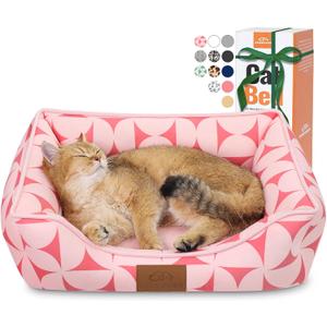 Rectangle Cat Dog Bed for Large Medium Small Pets Indoor Outdoor Machine Washable Sleeping Sofa Non-Slip Bottom Soft Puppy Bed Durable Orthopedic Calming Pet Cuddler (Small, Pink Pattern)