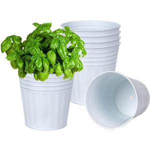 6 Inch White Metal Rustic Flower Pots - 6Pcs Galvanized Planters with Drainage Hole and Rubber Plug, Rustproof Metal Bucket Plant Pots Farmhouse Vintage Style for Decor