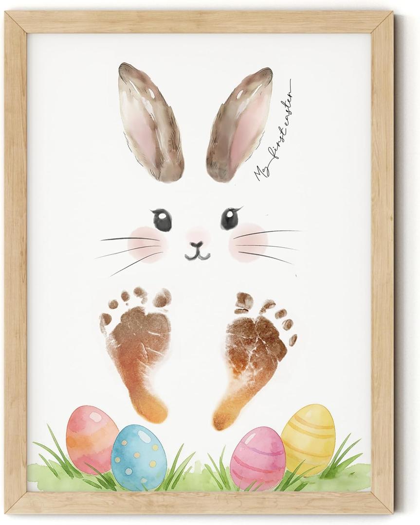 TwoDays Baby's First Easter Bunny Footprint Art Kit - My 1st Easter Framed Keepsake Newborn Gifts Ideas, DIY Handprint Gift for Girl/Boy Basket Stuffers from Grandma (12" X 16", Wood Frame) (Rabbit (12x16 in))