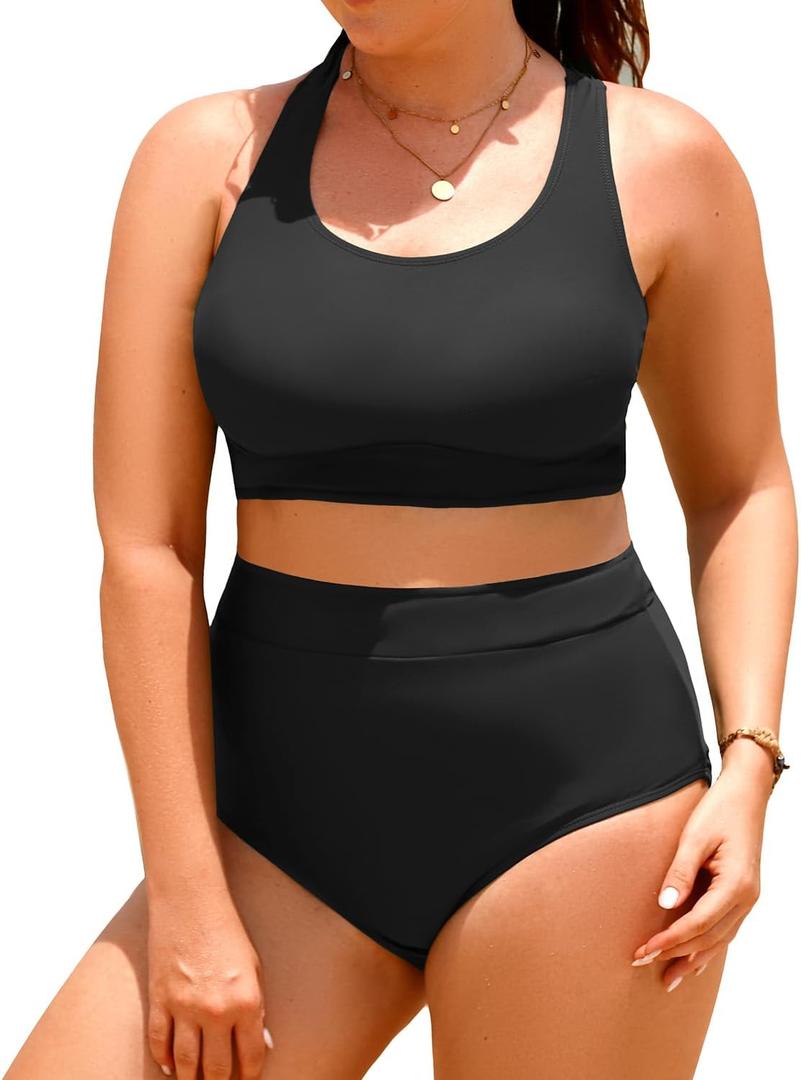 Aqua Eve Plus Size Two Piece High Waisted Bikini Swimsuits Scoop Neck Bikini Set Sporty Bathing Suits (Black) 16