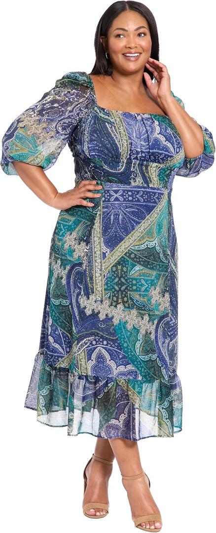 London Times Women's Women's Square Neck 3/4 Sleeve Paisley Midi Dress - Fit and Flare Wedding Guest Dresses (Blue) 18W
