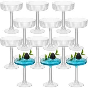 12 Pcs Ribbed Martini Glasses 5 oz Disposable Plastic Vintage Ribbed Coupe Glasses Cocktail Unbreakable Dessert Parfait Glassware for Wedding Party Supplies (Clear)