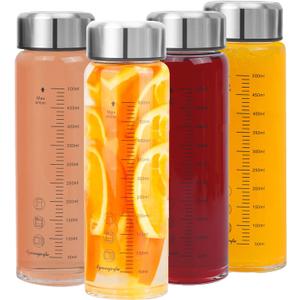 Glass Juice Bottles 4 Pack 20 oz - Wide Mouth Glass Water Bottles with Lids - for Juicing, Smoothies, Milk, Protein, BPA Free, Reusable, Stainless Steel Lids, Leak Proof, Shaker bottle (20oz/600ml)