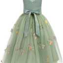 OBEEII Flower Girl Dress for Wedding Pleated V Neck Satin Back Floral Embroidery Tulle Princess Dress Junior Wedding Birthday Pageant Formal Ball Prom Gown Sage Green-Floral 7 Years