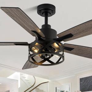 52 Inch Farmhouse Ceiling Fans with Lights and Remote Quiet and Reversible DC Motor Black Industrial Rustic Caged Ceiling Fan for Bedroom Living Room Covered Patio (62-Black)