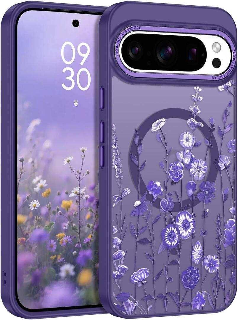 DOMAVER for Google Pixel 10/10 Pro Case, Magnetic Phone Case for Pixel 10/10 Pro [Compatible with MagSafe] Slim Fit Flowers Floral Design Shockproof Protective Bumper Women Men Girls Cover- Purple