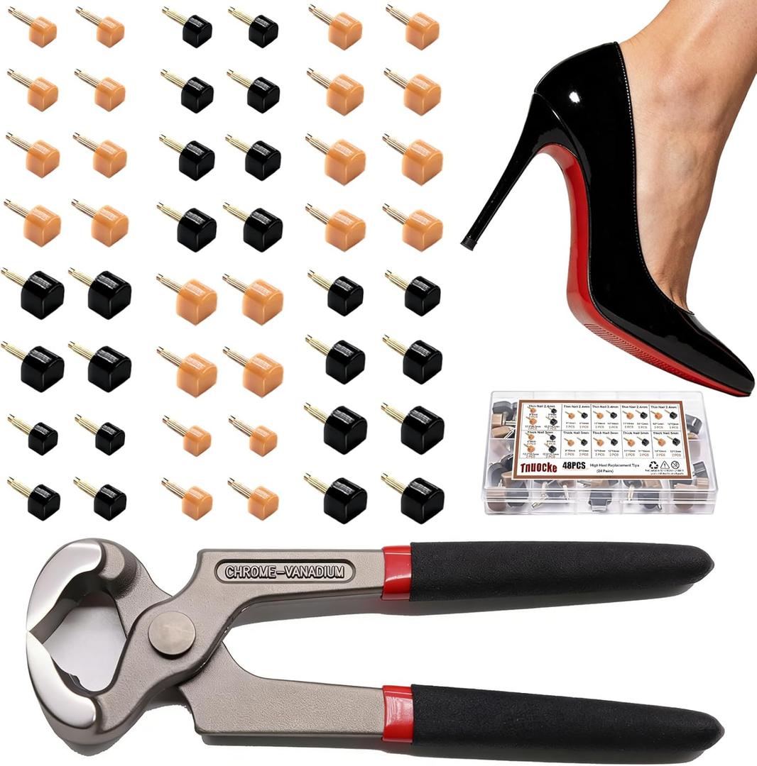 24 Pairs High Heel Replacement Tips, Women Heel Shoes Repair CapDowels Tips Pin Kit,with 6 Inch High Heel Remove Pliers, 8-12.5mm 6 Sizes Heel Tips Caps, U-Shape, Black Beige