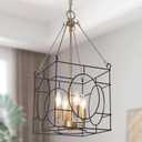 KSANA Black and Gold Square Chandelier, Mid-Century Modern 4-Light Cage Pendant Lighting Fixtures for Dining Room, Kitchen, Foyer, Bedroom and Living Room