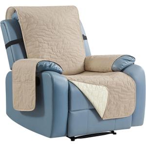 CUCRAF Non Slip Quilted Sofa Cover, Water Resistant Slipcover Furniture Protector for 1 Cushion Sofa Pet Friendly, Washable Couch Cover with Adjustable Elastic Straps (Medium Recliner, Beige)