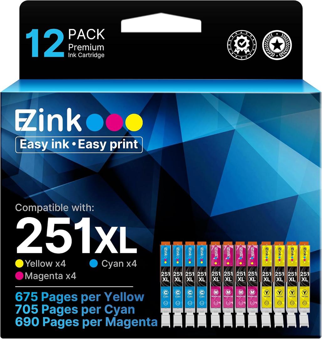 E-Z Ink Compatible Ink Cartridge Replacement for Canon CLI-251XL CLI 251 to use with PIXMA MX922 MX920 IP8720 IX6820 IP7220 MG5520 MG5420 MG7520 MG6320 Printer (4 Cyan, 4 Magenta, 4 Yellow, 12 Pack)