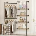 Industrial Pipe Clothing Rack, Heavy Duty Adjustable Garment Hanger with Shelves, 2 Installation Methods Closet Storage System for Wardrobe Organization (Black, 80" H x 55" W)