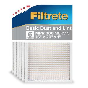 Filtrete 16x20x1 AC Furnace Air Filter, MERV 5, MPR 300, Capture Unwanted Particles, 3-Month Pleated 1-Inch Electrostatic Air Cleaning Filter, 6-Pack (Actual Size15.69x19.69x0.81 in) Filtrete 16x20x1 AC Furnace Air Filter, MERV 5, MPR 300, Capture Unwanted Particles, 3-Month Pleated 1-Inch Electrostatic Air Cleaning Filter, 6-Pack (Actual Size15.69x19.69x0.81 in)