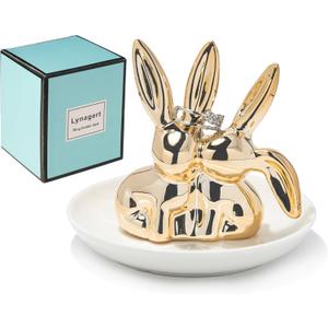 Bunny Ceramic Rabbit Jewelry Holder Dish - Trinket Tray for Rings, Earrings, Necklace Organizer, Wedding Engagement Ring Holder (Golden)