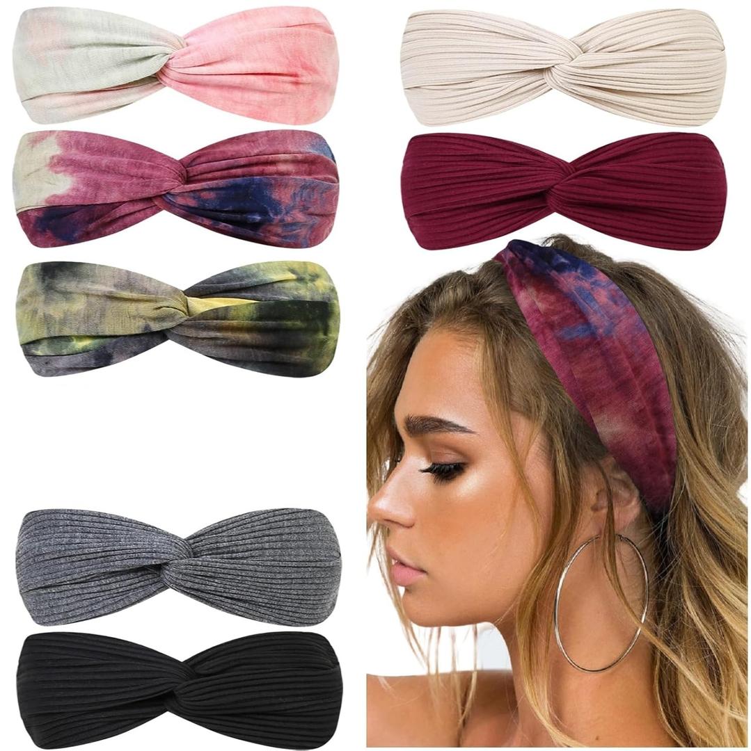Huachi Boho Headbands for Women - Tie Dye Soft Elastic Turban Hair Wraps, Summer Hair Accessories for Girls (Tie Dye Plus Solid Colors) 7 Pack