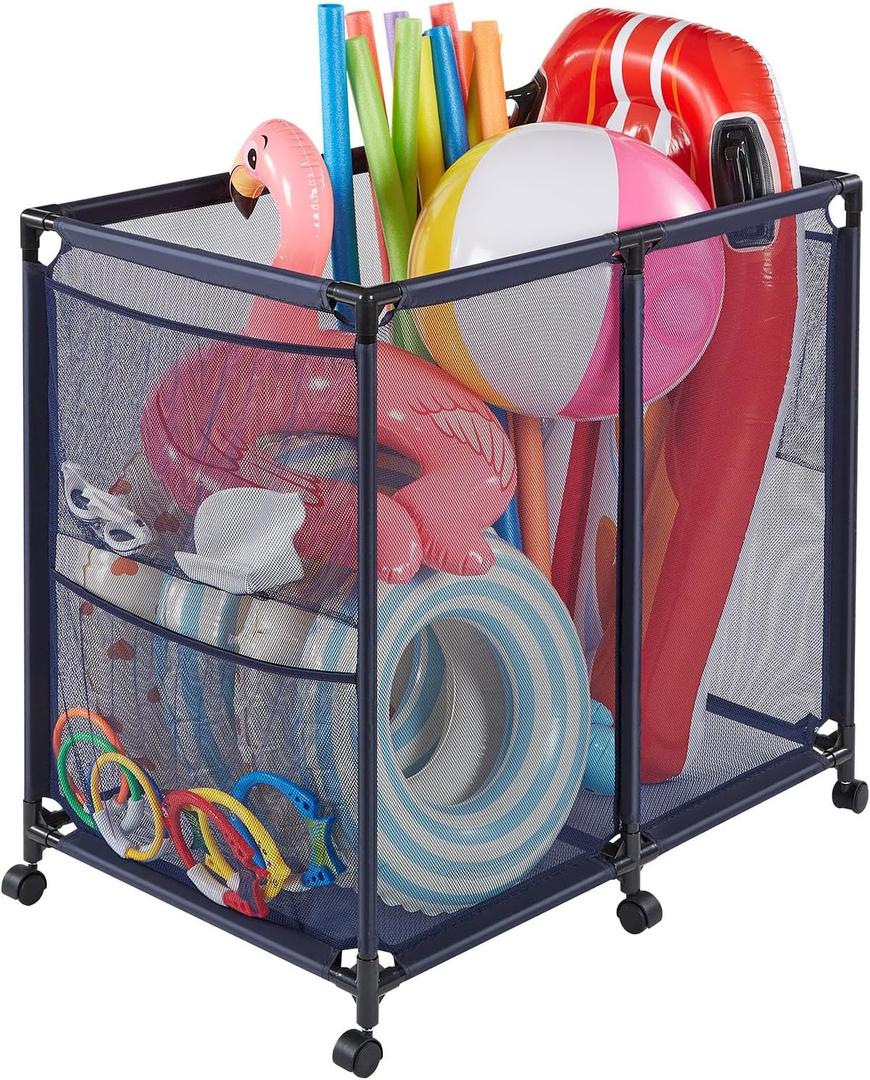 VEVOR Pool Storage Bin, 36.8 x 24 x 35.6 in, Rolling Pool Float Storage Organizer with Side Pockets & Casters, Heavy Duty Metal Frame, Poolside Toys Noodles Holder Mesh Basket for Swimming Pools