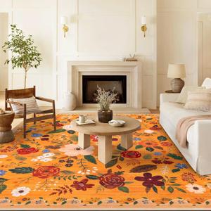 U'Artlines 8x10ft Fall Colorful Floral Area Rug Machine Washable Ultra Soft Low Pile Non Slip Non Shedding Accent Floor Carpet for Living Room, Bedroom, Dining Room, Office (Orange)