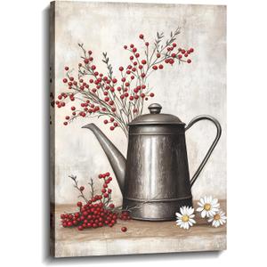 LYUNSHUO Farmhouse Canvas Wall Art Rustic Watering Cans Branches with Red Berries on Grey Background Picture Vintage Painting Prints for Kitchen Home Decor Frame(Picture-3,16.00"x24.00")