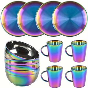 Stainless Steel Dinnerware Set - Plates and Bowls Set With Coffee, Pasta, Kitchen Utensils - KITCHEN AND DINING Essentials- is Dishwasher Safe and Microwave Safe Rainbow