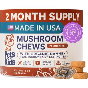 Pets are Kids Turkey Tail Mushroom for Dogs with Organic Real Turkey Tail - 8:1 Extract Mushroom Chews for Lumps & Bumps, Immunity, Gut, Skin, Joint & Spine Support - Reishi, Lions Mane - 60 Chews, Expiry: 03/2028