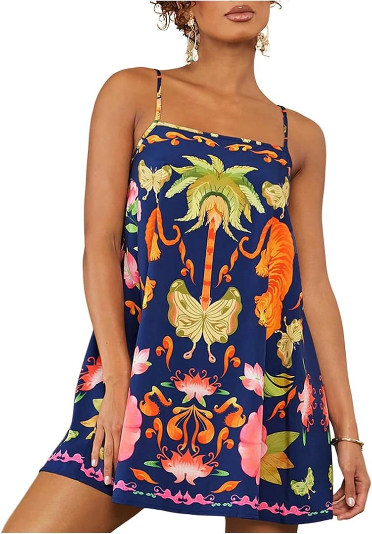 Floerns Women's Tropical Sleeveless Cami Dress Loose Holiday A Line Mini Dresses (M)