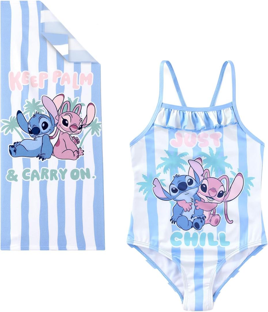 Disney Lilo and Stitch Girls One Piece Swimsuit Bathing Suit with Pool Beach Towel 20 x 50 Set for Toddler to Big Kids (White, L)