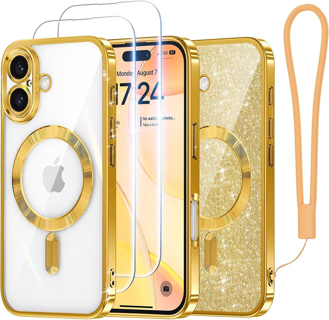 Meifigno Candy Series Case Designed for iPhone 16 Plus 6.7, [2X Screen Protectors] [Glitter Card & Wrist Strap] [MagSafe Compatible] Full Camera Protection for 16 Plus Case, Gold Titanium
