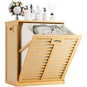HITNET Tilt Out Laundry Hamper, Bamboo Laundry Cabinet with Hidden Removable Basket, Freestanding Clothes Storage organizer for Bedroom, Bathroom, Living Room, Natural