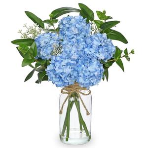 Hollyone Blue Hydrangea Artificial Flowers in Clear Glass Vase with Faux Water Silk Hydrangeas Fake Flowers Floral Arrangement for Home Bathroom Kitchen Office Table Centerpiece Shelf Decorations