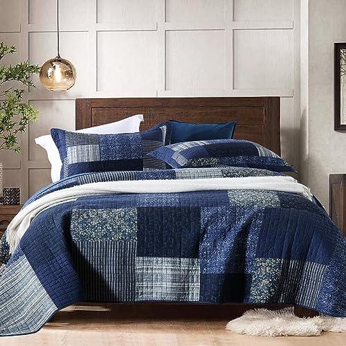 Yvooxny Quilt Set California King 3-Piece Quilt Set Plaid Floral Patchwork Quilts Cotton Quilted Bedspread with Pillowcases for All Seasons, Azure Blue, 118x110 Inches