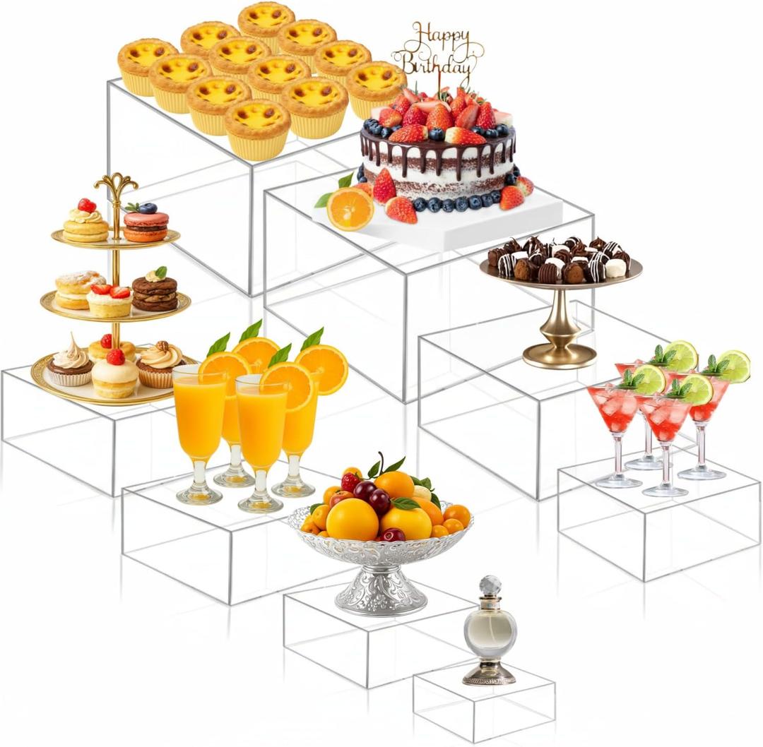 Geelin 8 Pack Acrylic Buffet Risers - 3 to 10 Inch Decorative Cube Boxes, Display Stands with Hollow Bottoms for Food Jewelry Table Display Supplies(Clear,Flat)