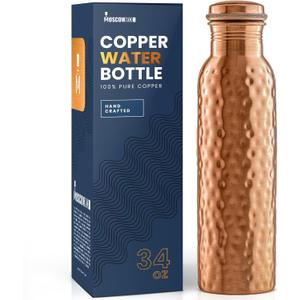 100% Copper Water Bottle - 34 oz Extra Large - Hammered Finish Pure Copper Water Bottle for Drinking - Handcrafted Ayurvedic Leak-Proof Vessel for Healthy Hydration - Premium Ocean Blue Gift Box