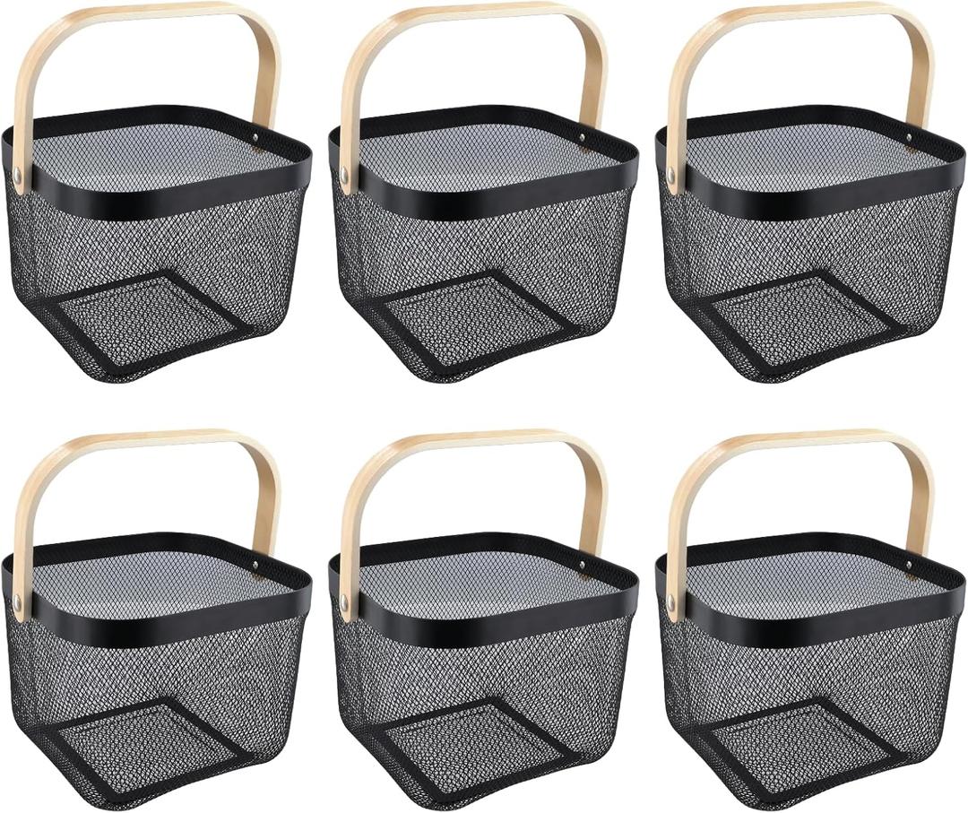 6 PCS Garden Harvest Basket, 10.2 x 10.2 x 7.1in Metal Mesh Picnic Baskets with Wooden Handle, Rectangle Hanging Basket Bin for Gathering Vegetables Fruit Cherry Tomatoes, Kitchen Cabinet (Black)