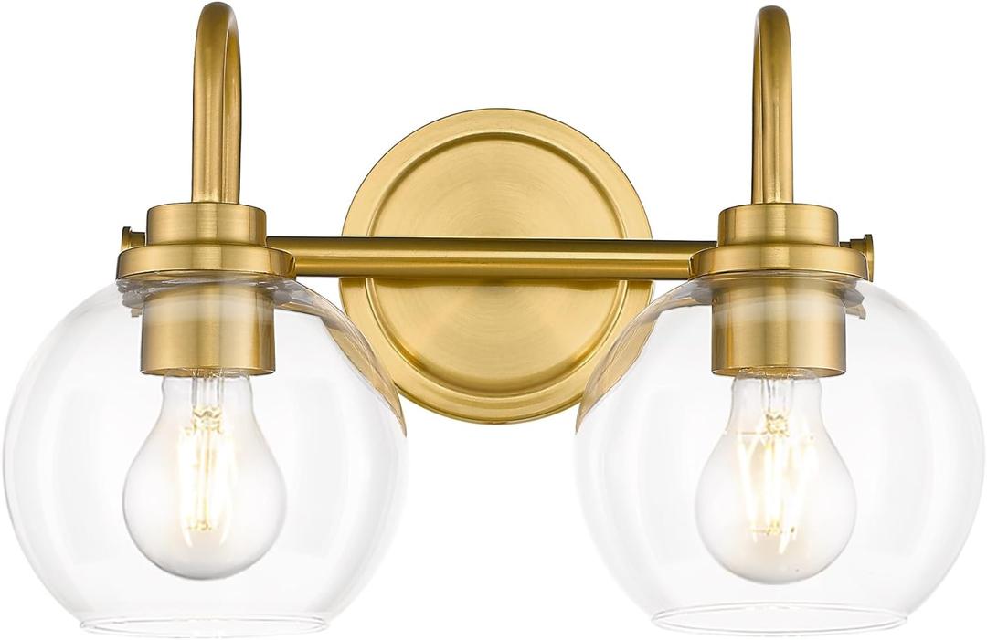 2-Light Brushed Gold Light Fixture, Champagne Bronze Vanity Light with Clear Glass Shade, Brass Bathroom Light Over Mirror for Powder Room Bath, AD-22280-2W-GD (Gold, 2-Light)