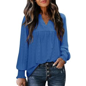 Ladies Tops and Blouses Blue Long Sleeve V Neck Eyelet Tunics 2025 Fall Baby Doll Flare Blouse Loose Trendy Pleated Shirts Lightweight Shopping Outing Daily Wear Medium